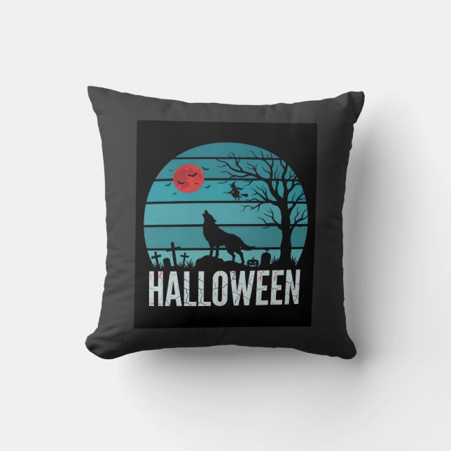 Halloween Varg Kyrkogård Måne Vektor Kudde (Framsida)