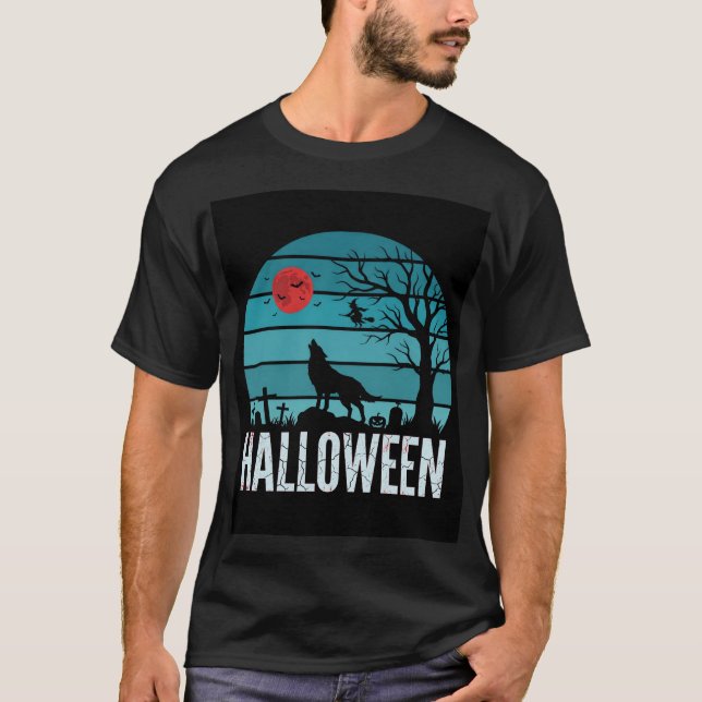 Halloween Varg Kyrkogård Måne Vektor T Shirt (Framsida)