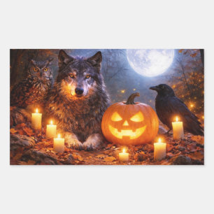Halloween Varg Ugglor och Korp Pumpa Förtrollande Rektangulärt Klistermärke