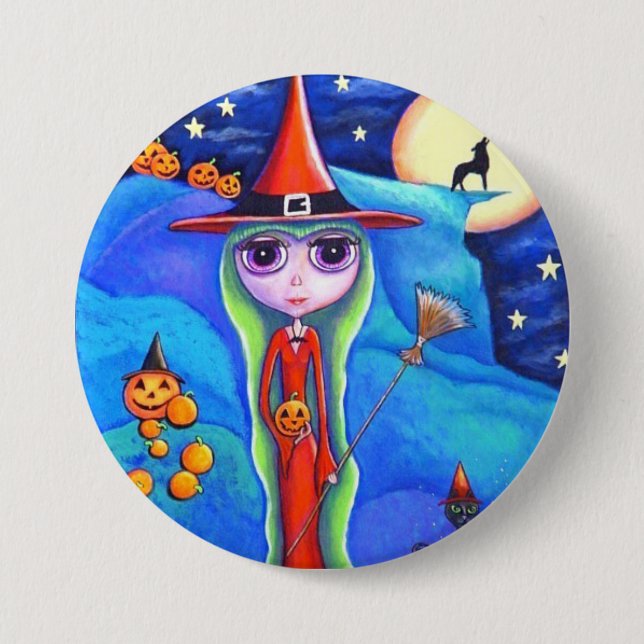 Halloween Varg Witch Black Cat Cauldron Pumpkins Knapp (Framsida)
