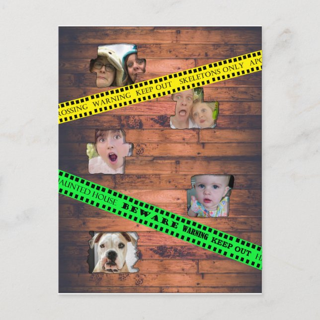 Halloween-varningsband som är fastsatt bakom vägge vykort (Framsida)