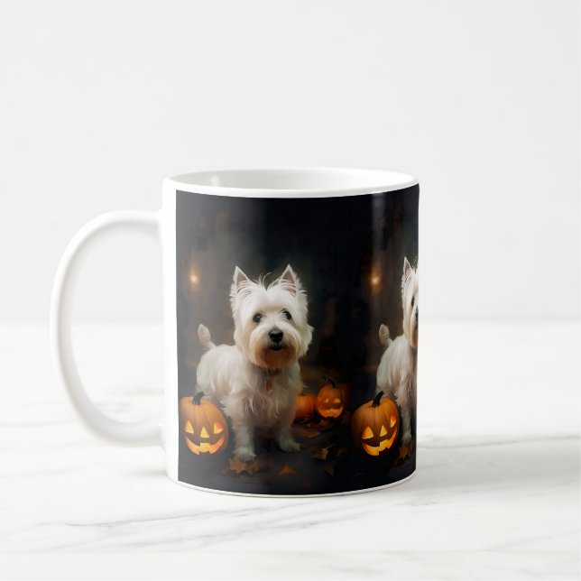 Halloween Väster Highland White Terrier Pumpkins Kaffemugg (Vänster)
