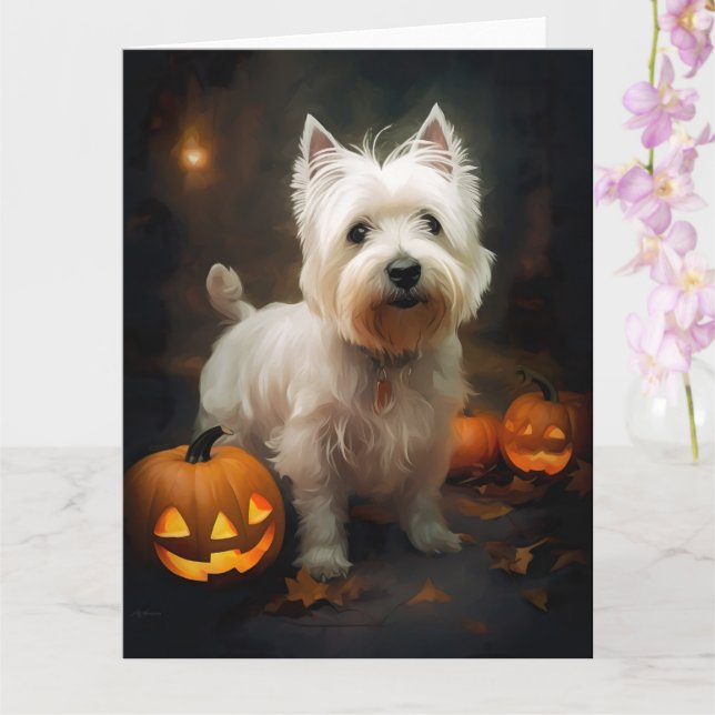 Halloween Väster Highland White Terrier Pumpkins Kort (Orkide)