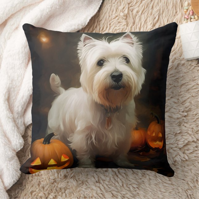 Halloween Väster Highland White Terrier Pumpkins Kudde (Filt)