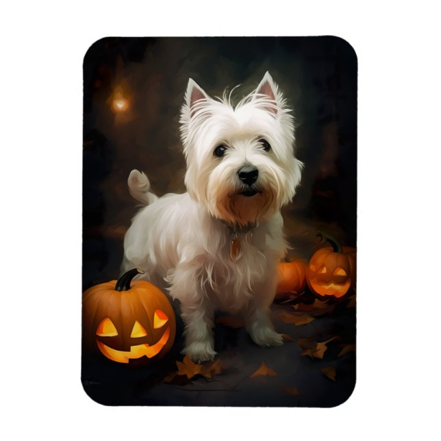 Halloween Väster Highland White Terrier Pumpkins Magnet (Vertikal)
