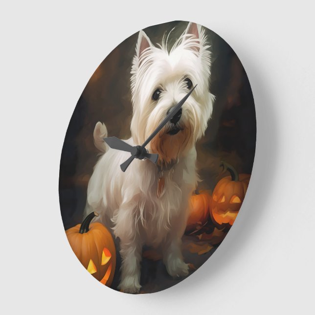 Halloween Väster Highland White Terrier Pumpkins Stor Klocka (Vinkel)