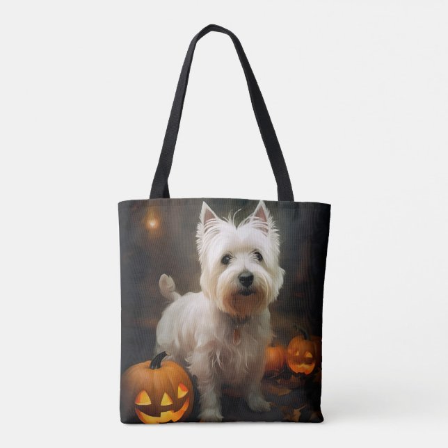 Halloween Väster Highland White Terrier Pumpkins Tygkasse (Baksida)