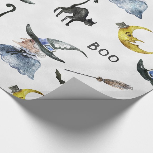 Halloween - vattenfärghäxa - katt - måne presentpapper (Hörn)