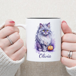 Halloween vattenfärgsangora-katt med pumkin Två-Tonad mugg