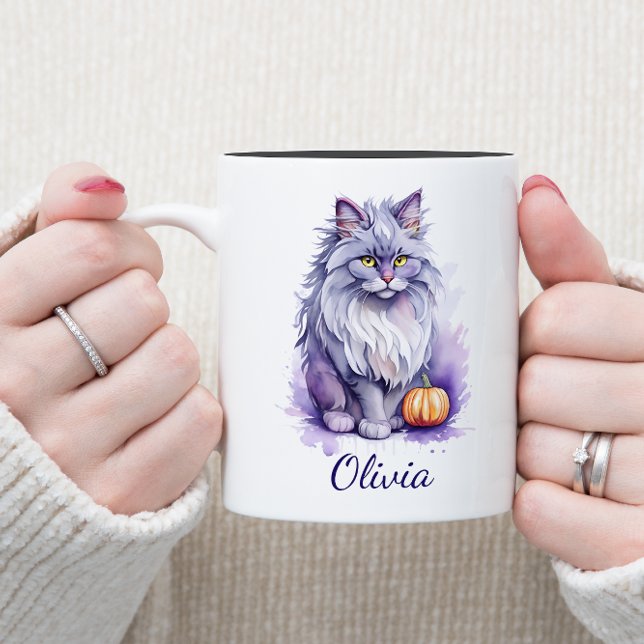 Halloween vattenfärgsangora-katt med pumkin Två-Tonad mugg (Skapare uppladdad)