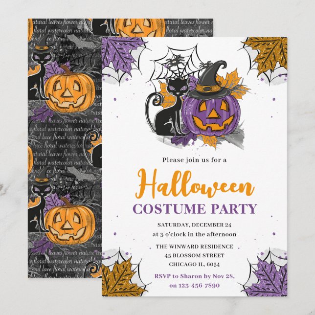 Halloween-vattenfärgskostym Pumpa & Katt-fest Inbjudningar (Fram/baksida)