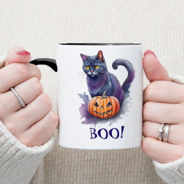Halloween vattenfärgssvart katt med pumpkin mugg