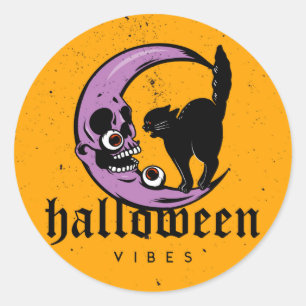 Halloween Vibes Scary Måne och Cat Grunge Stil Runt Klistermärke