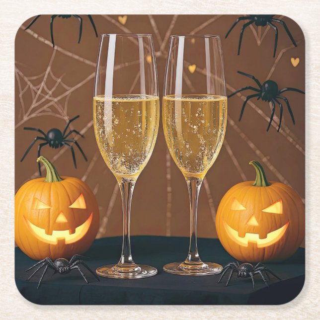 Halloween Vin Champagne Spiders Pumpkins Underlägg Papper Kvadrat (Framsidan)