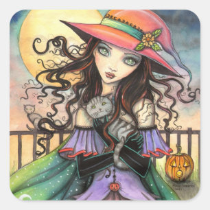 Halloween-vindar Häxa Tabby Katt Fantasy Konst Fyrkantigt Klistermärke