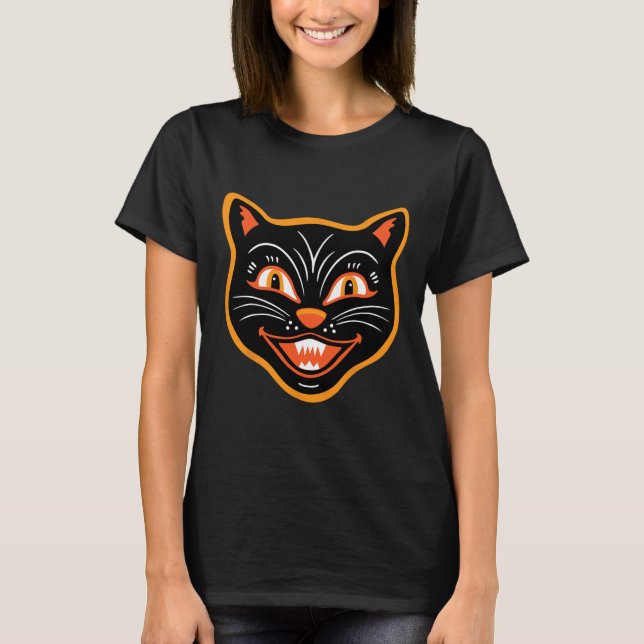 Halloween Vintage Black Cat T Shirt (Framsida)