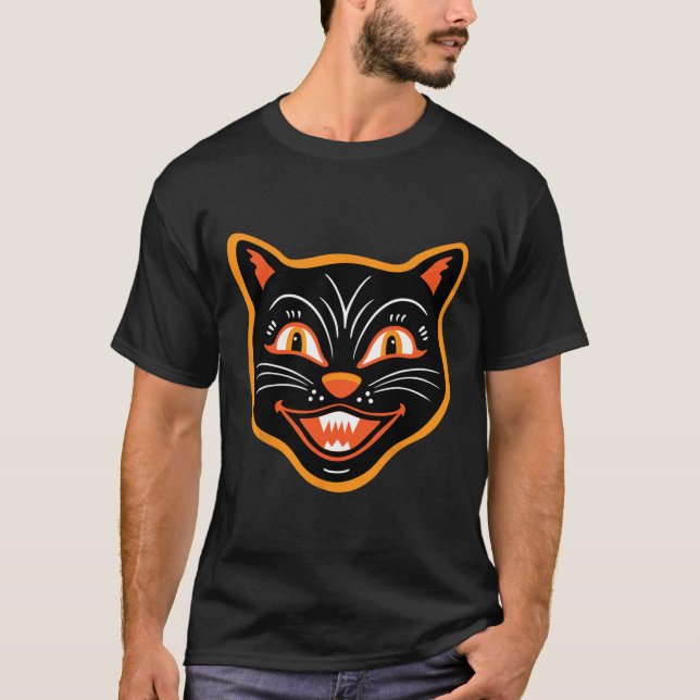 Halloween Vintage Black Cat T Shirt (Framsida)