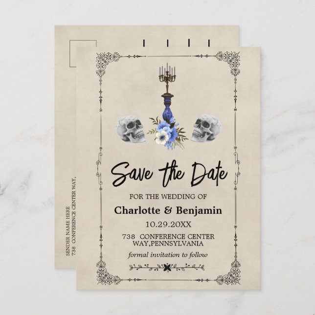 Halloween Vintage bröllop sparar datumet Meddelande Vykort (Fram/baksida)