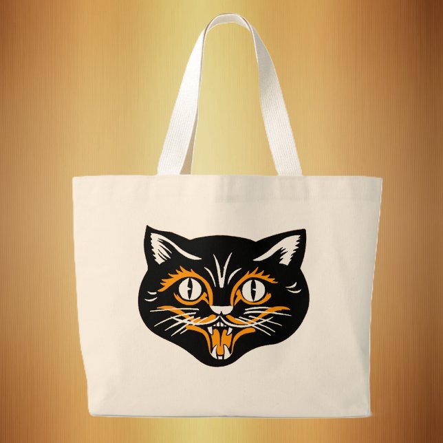 Halloween Vintage Cat Ansikte Jumbo Tygkasse (Classic vintage Halloween black cat face with orange and white on tote bag.)