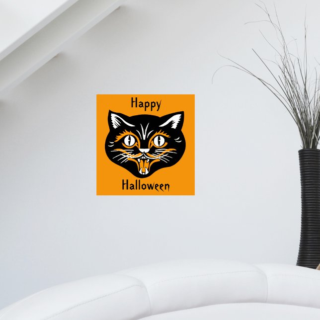 Halloween Vintage Cat Ansikte Poster (Vintage Happy Halloween black smiling cat face on bright orange wall poster.)