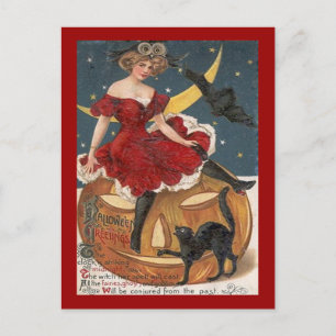Halloween Vintage Dam in Red on Jack o'Lantern Vykort