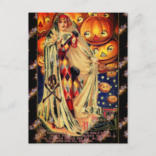 Halloween Vintage Dam Jack o lantern Black Orange Vykort