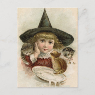 Halloween Vintage Flicka Häxa Kattungar Postkort Vykort
