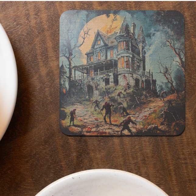 Halloween Vintage Haunted House Zombie Underlägg Papper Kvadrat (Skapare uppladdad)