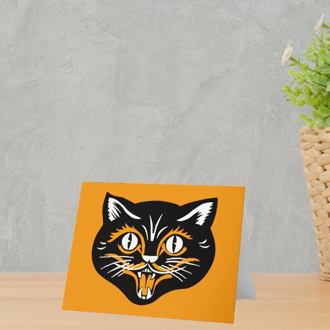 Halloween Vintage Katt Ansikte Kort (Vintage Halloween smiling black cat face with orange and white accents on notecards.)