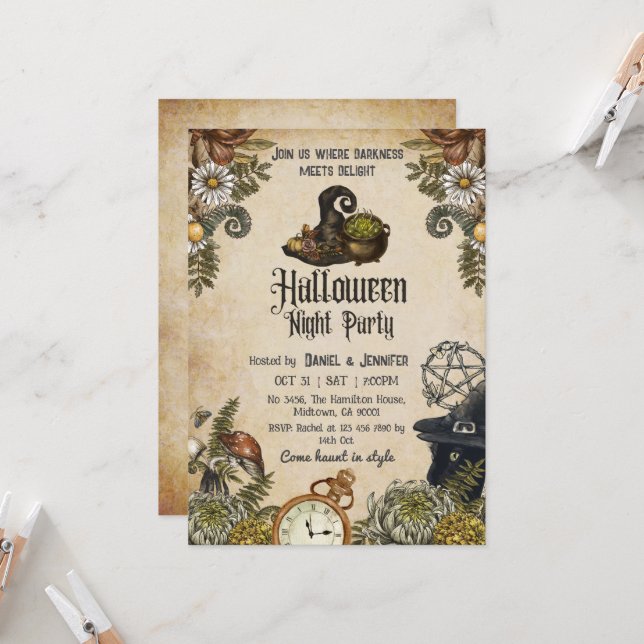 Halloween Vintage kuslig häxhatt kittel Inbjudningar (Fram/Back In Situ)