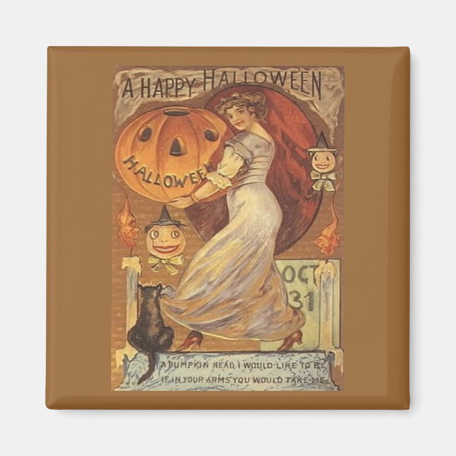 Halloween-Vintage Kvinnor och Jack o'Lantern Magnet (Framsidan)