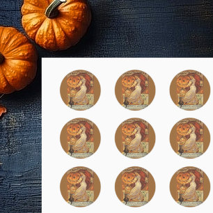 Halloween-Vintage Kvinnor och Jack o'Lantern Runt Klistermärke