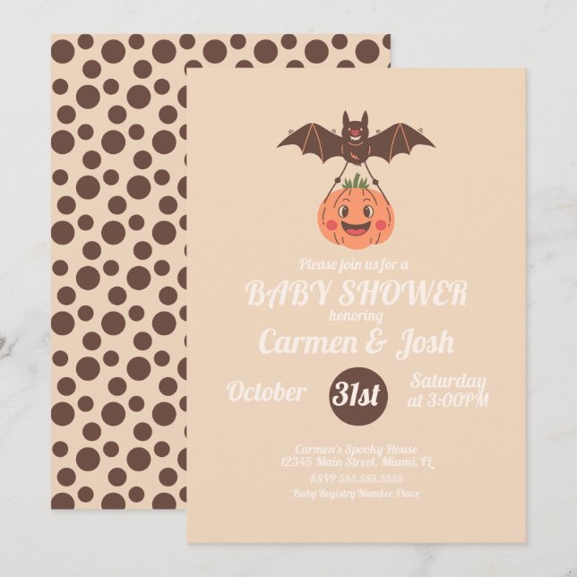Halloween Vintage Pumpa Fladdermus Retro Babykalas Inbjudningar (Fram/baksida)