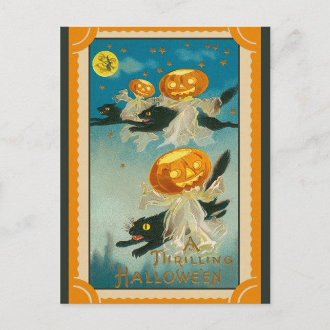 Halloween Vintage Pumpkin Black Cat Vykort (Framsida)