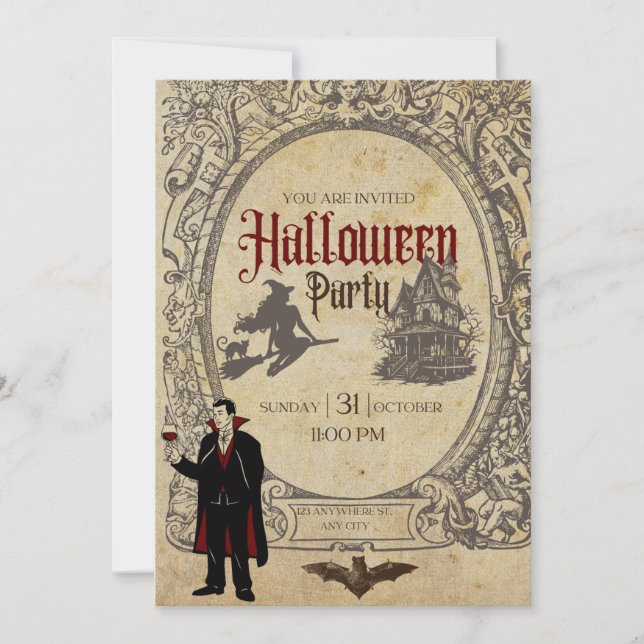Halloween vintage retro vampyrhäxor inbjudningar (Framsida)