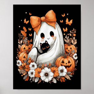Halloween Vintage Spöke Med Svart Katt Pumpa Blomm Poster