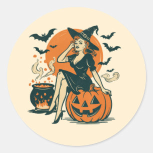 Halloween Vintage Witch på Pumpkin Fladdermus Caul Runt Klistermärke