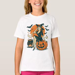 Halloween Vintage Witch på Pumpkin Fladdermus Caul T Shirt