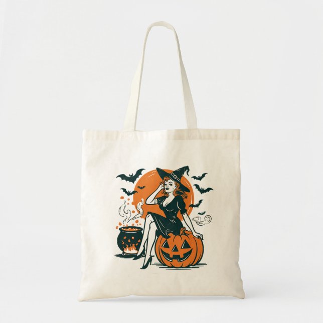Halloween Vintage Witch på Pumpkin Fladdermus Caul Tygkasse (Framsidan)