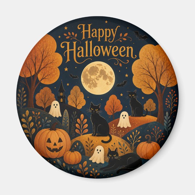 Halloween-visor med månljus, spöken och katten magnet (Framsidan)