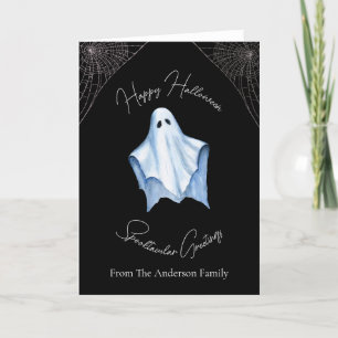 Halloween Vit Lakan Spöke & Spindelnät Gotisk Svar Helgkort