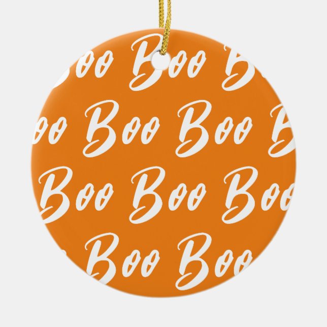 Halloween vit orange boo textmönster julgransprydnad keramik (Framsidan)