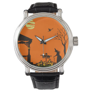 Halloween vuxen, klocka, silhouette, häxa som armbandsur