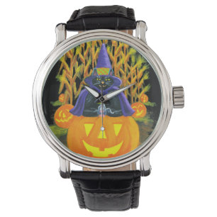 Halloween vuxen, klocka, svart, katt, mus, armbandsur