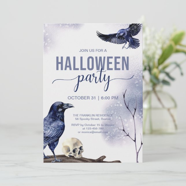 Halloween Vuxen Party Watercolor Gothic Raven Inbjudningar (Stående Fram)