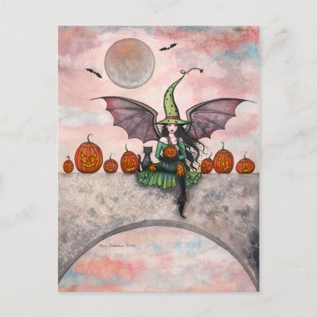 Halloween vykort häxa katt pumpor (Framsida)