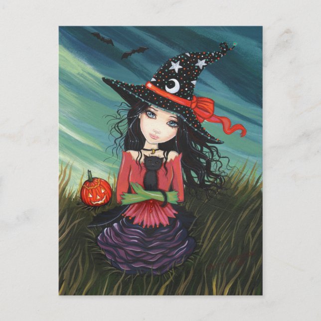 Halloween vykort Häxa Svart Katt (Framsida)