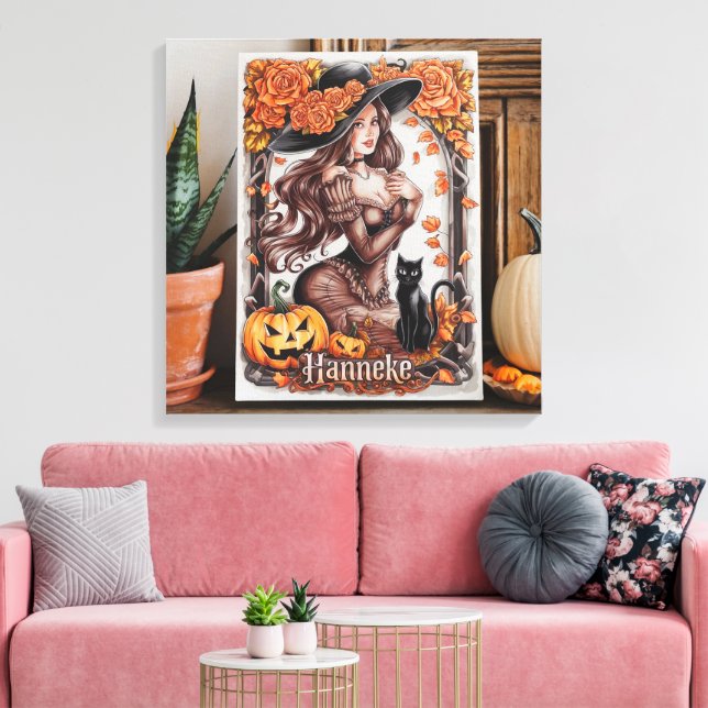 Halloween Wall Art: Kvinnor med svart hatt och Ora Canvastryck (Insitu (Vardagsrum))