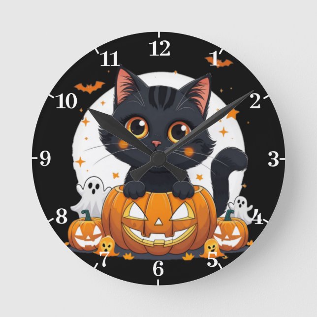 Halloween Wall Clock with cute cat Rund Klocka (Framsida)