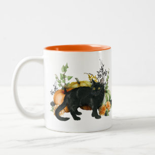 Halloween Watercolor Black Cat Pumpkin Två-Tonad Mugg
